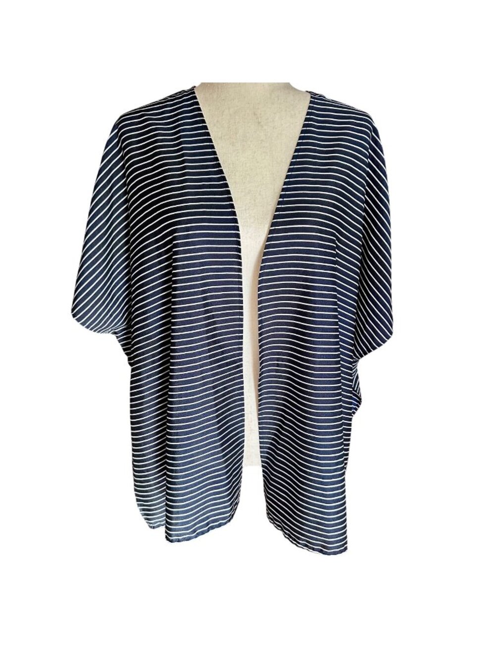 The Limited Cardigan Women M/L Navy Blue White Stripe Open Front Short Sleeve